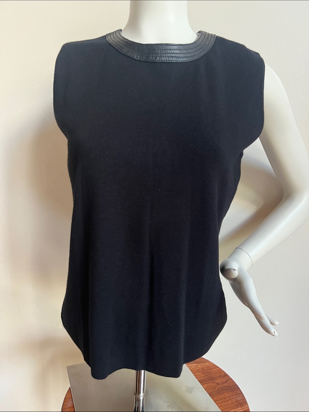 Color Works Sleeveless Black Knit Top with Faux-Leather Trim